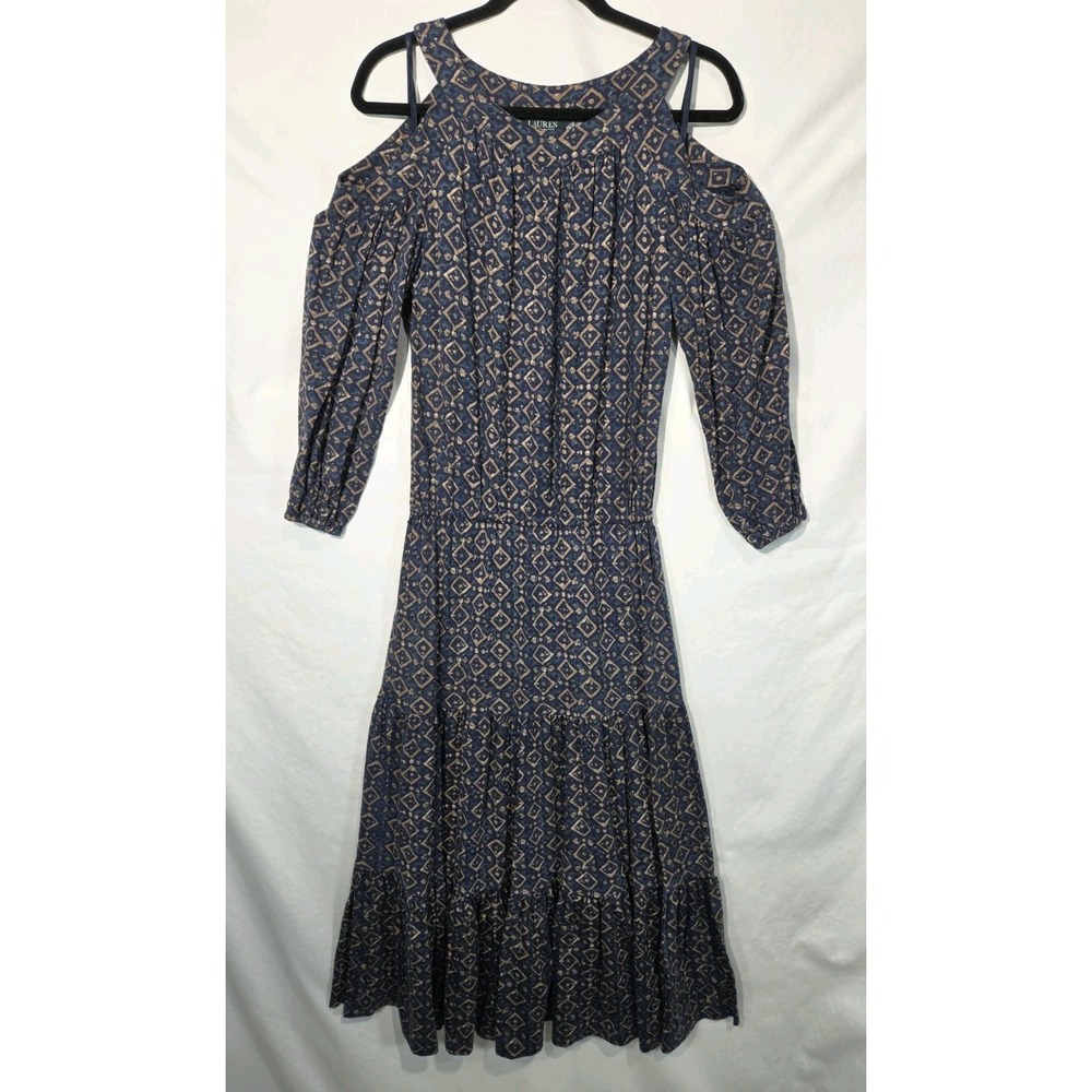 Lauren Ralph Lauren Cold Shoulder Maxi Dress XS Blue Geometric Ikat Modal Cotton